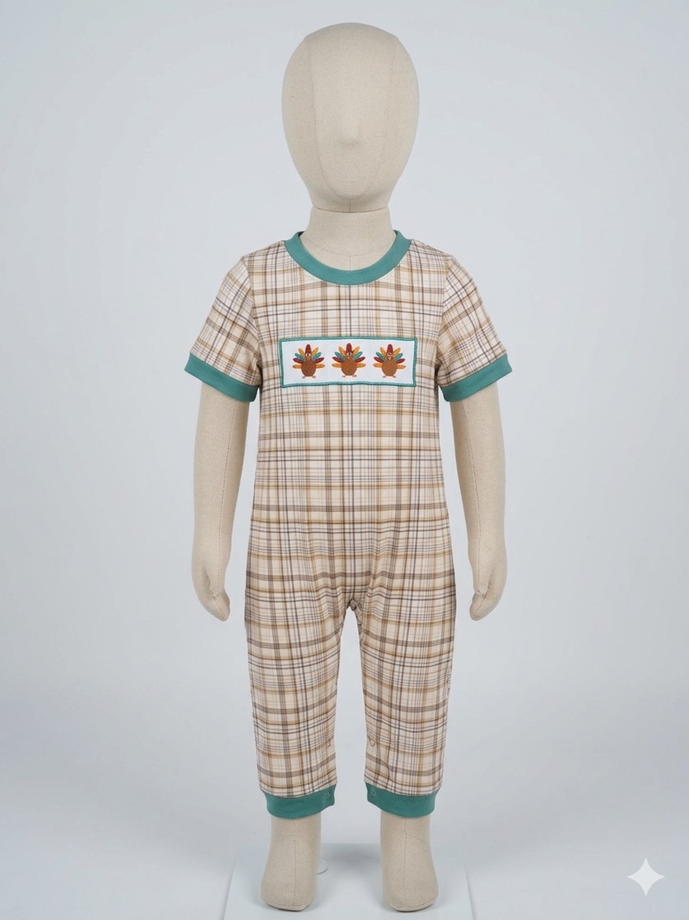 Boutique Kids Plaid One-Piece Romper with Teal Trim for Thanksgiving